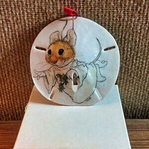 Hand-Painted Sand Dollar Ornament with Christmas Mouse in Robe Signed by Tripp